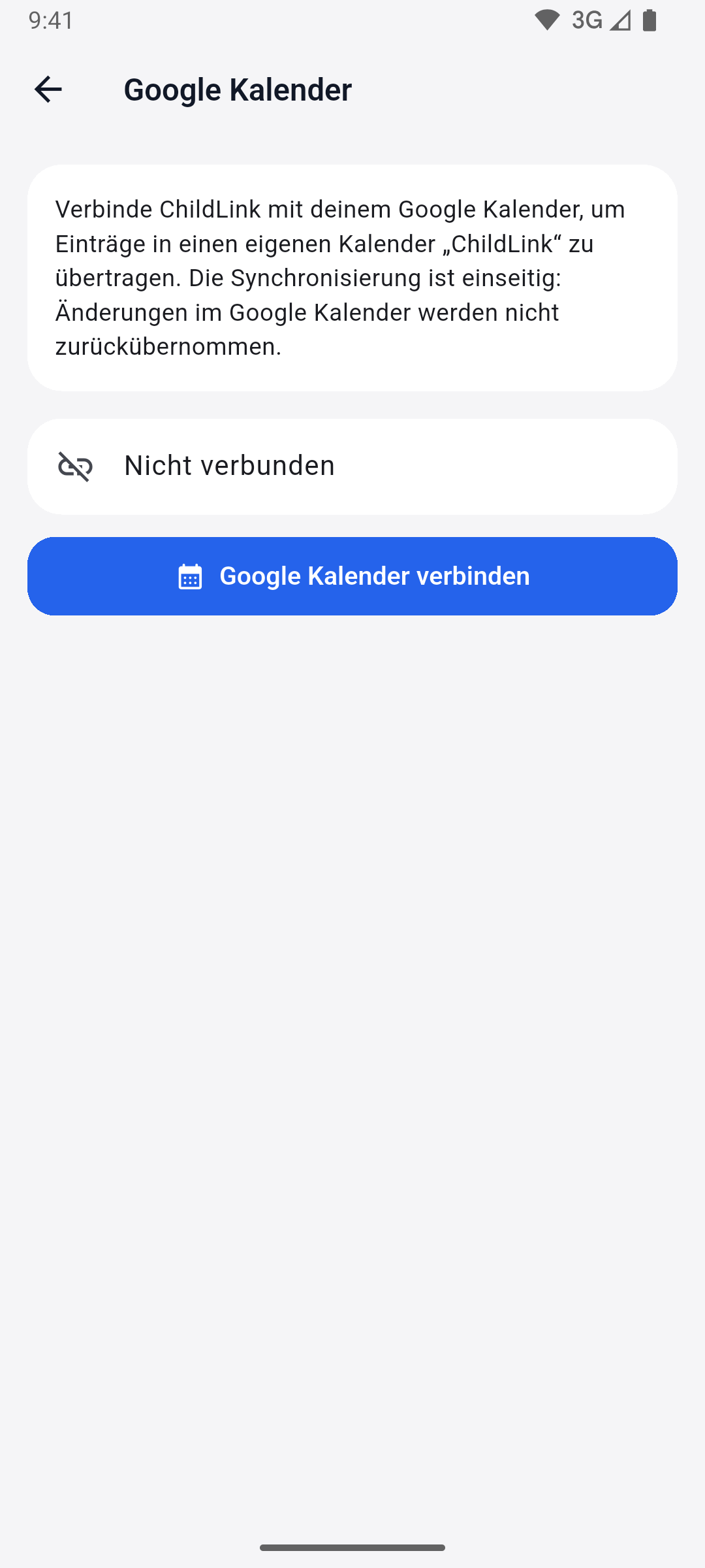 App screenshot — Google Calendar sync