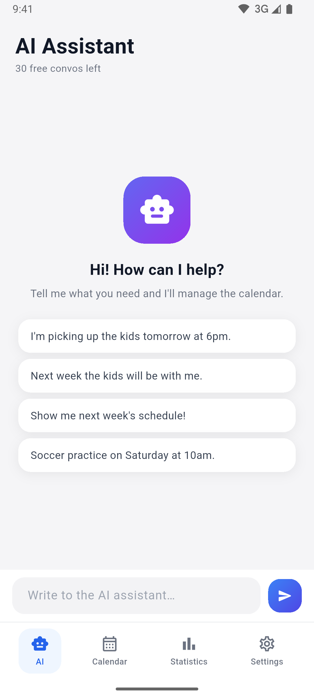 App screenshot — AI assistant chat