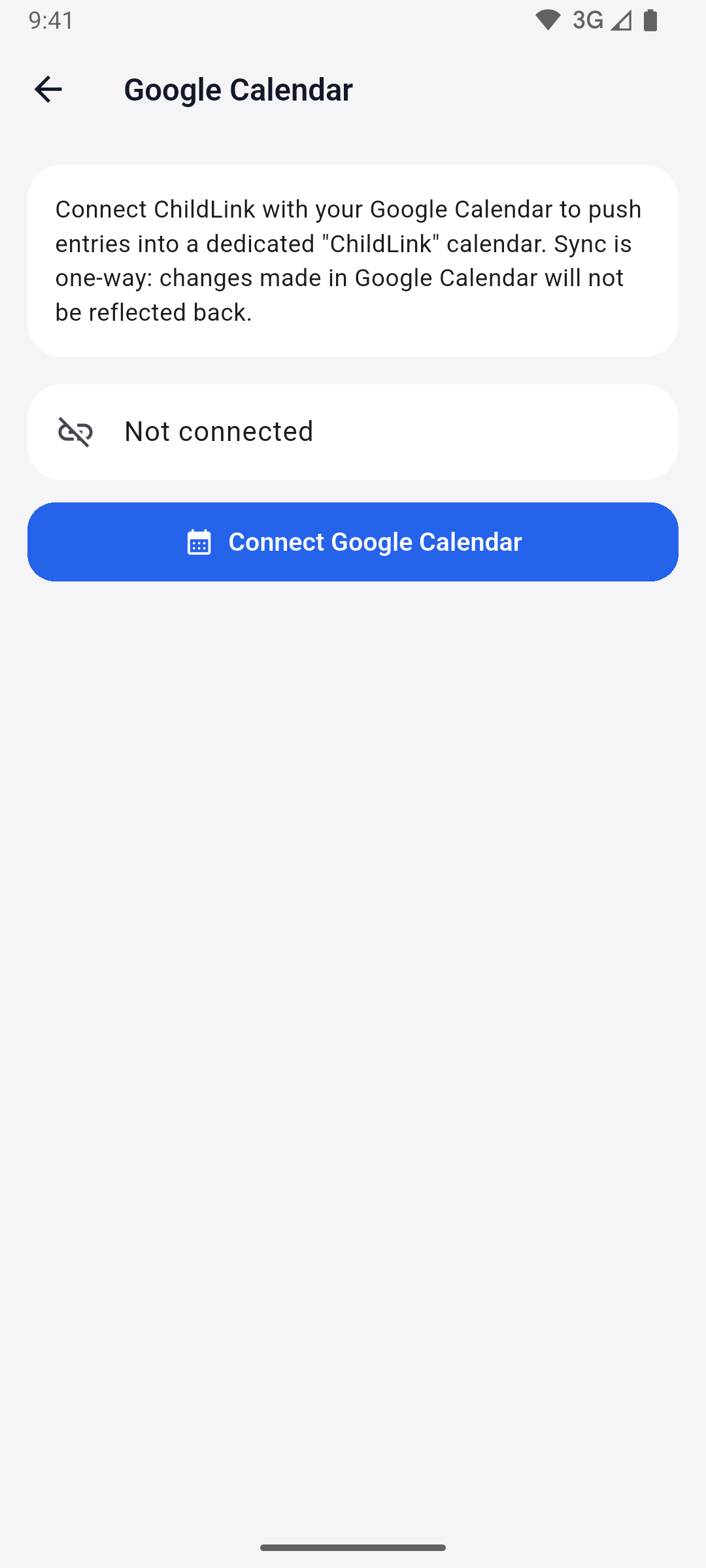 App screenshot — Google Calendar sync