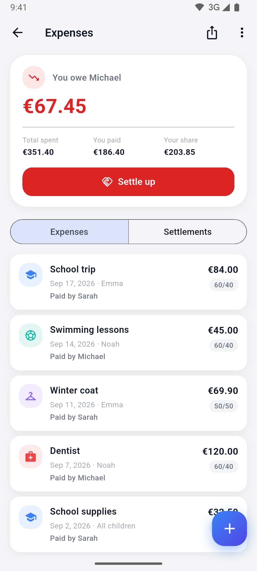 App screenshot: shared expenses and balance