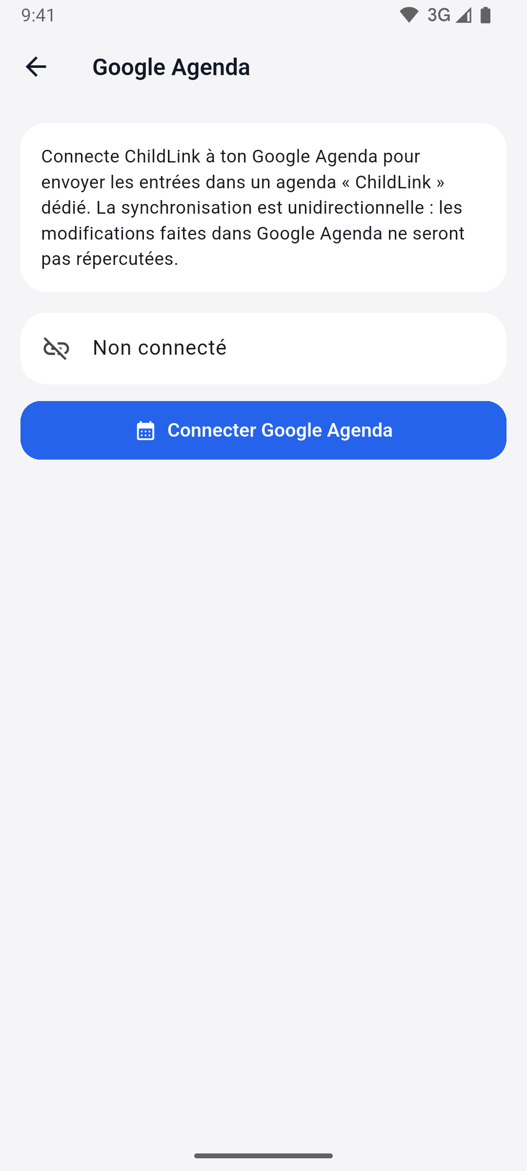 App screenshot — Google Calendar sync