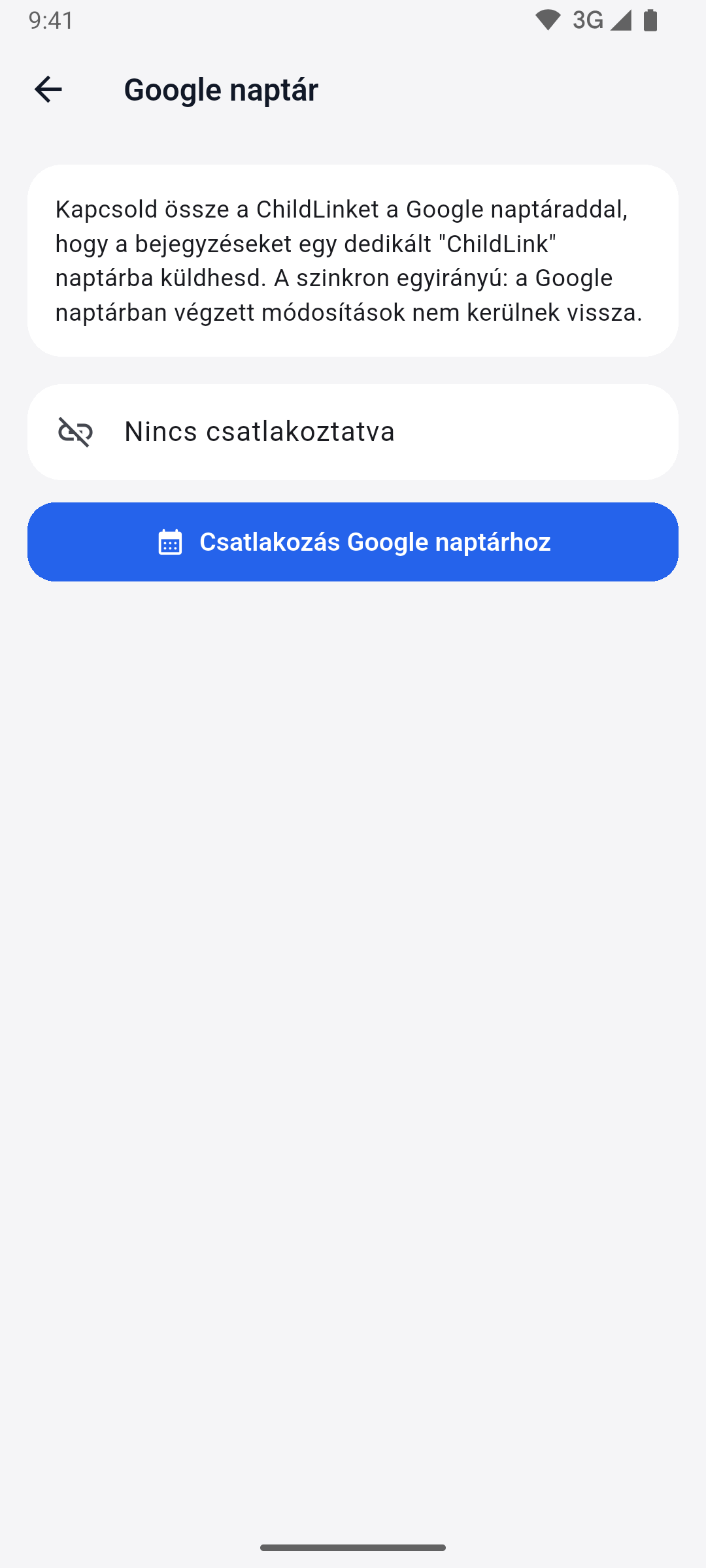 App screenshot — Google Calendar sync