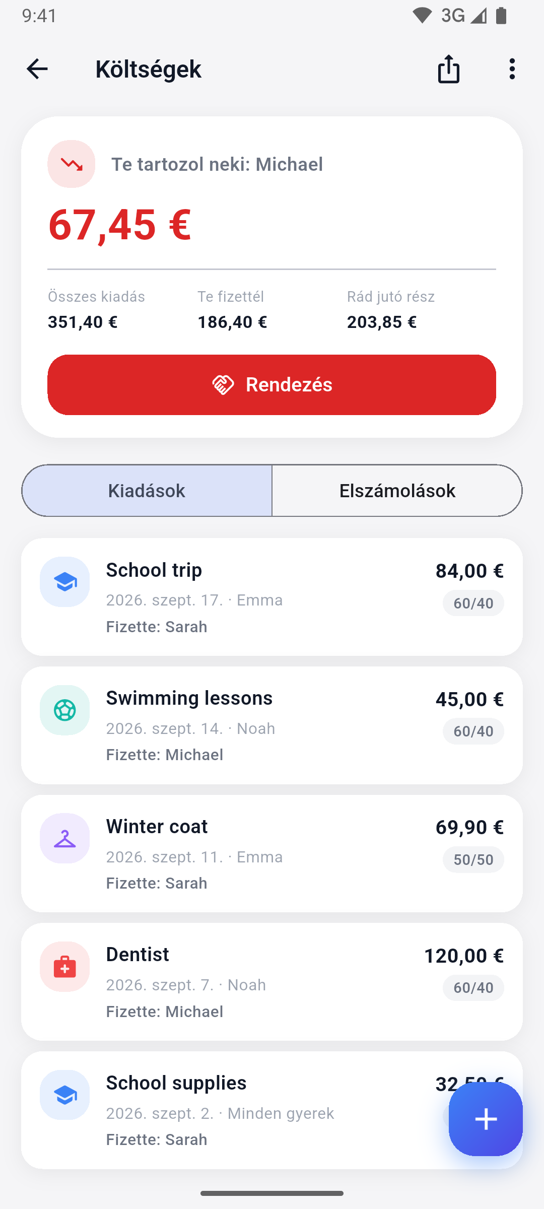 App screenshot: shared expenses and balance